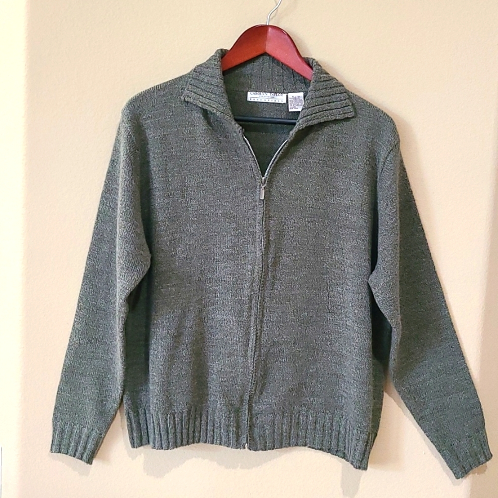 Olive green zip front cardigan